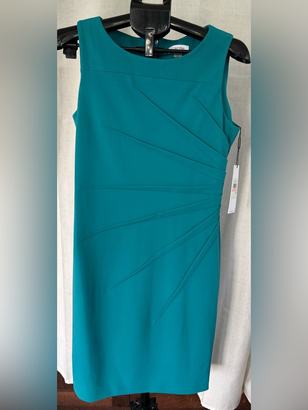 Calvin Klein Teal Sleeveless Sheath Dress with Asymmetric Pintuck